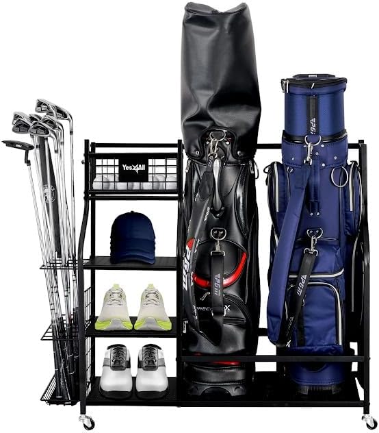 Yes4All Golf Bags Storage Garage Organizer, Golf Club Storage Stand and Lockable Wheels for Garage Indoor Basement, Extra Rack for Golf Clubs and Other Golfing Equipment