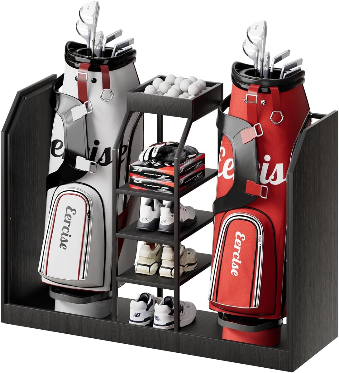 Golf Bag Organizer, Wooden Golf Bag Storage Rack, Golf Organizer for Garage Home Office, Wood Golf Equipment Organizer, Black/Brown Finish