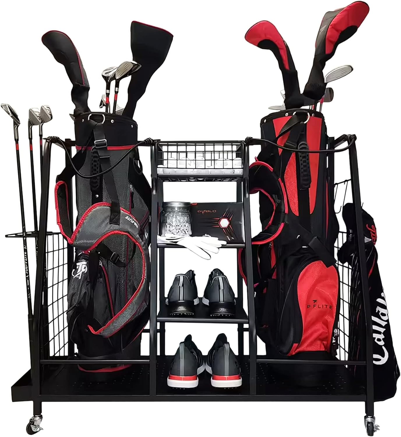 Golf Bag Storage Rack for Garage Extra - Large Double Black Caddy Thickest Metal & Easy Assembly! Storage Rack Holder for Men and Woman Golfing Bags, Clubs, Balls & Accessories!