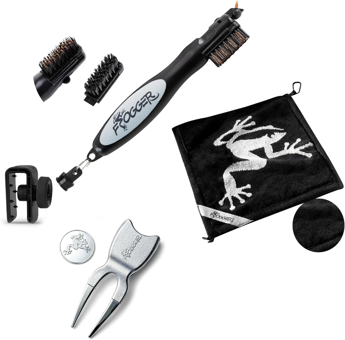 Frogger BrushPro Latch-It, Amphibian Towel, and HOP! Divot Tool Bundle - Golf Brush and Groove Cleaner, Wet/Dry Golf Towel, and Magnetic Ball Marker - Golf Course Essentials, Gray