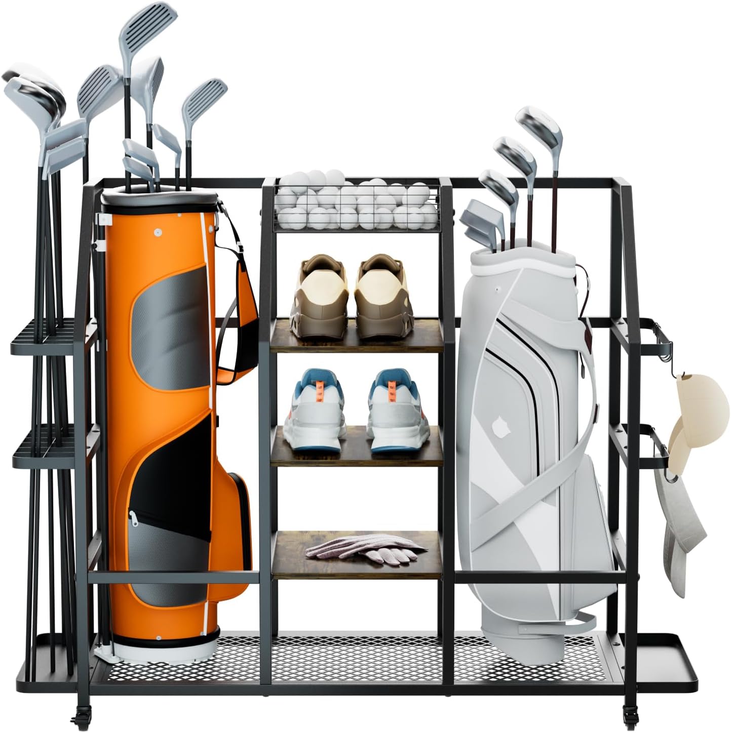 Golf Bag Organizer, Golf Storage Organizer for Garage, Golf Organizer Stand fits 2 Golf Bags and Other Golfing Equipment Accessories Golf Storage Rack with Wheels for Garage, Club, Shed