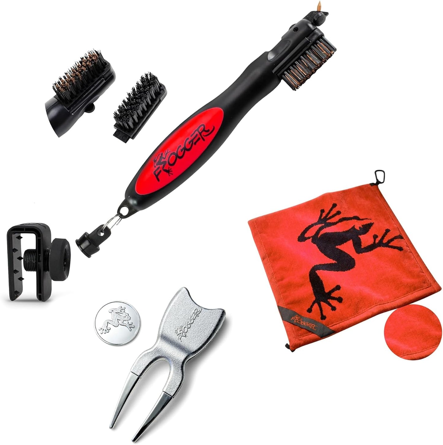 Frogger BrushPro Latch-It, Amphibian Towel, and HOP! Divot Tool Bundle - Golf Brush and Groove Cleaner, Wet/Dry Golf Towel, and Magnetic Ball Marker - Golf Course Essentials, Red