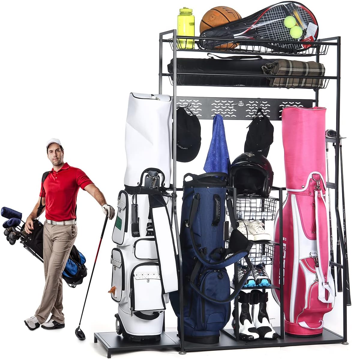 DEERFAMY Golf Bag Storage Organizer, Golf Bag Storage Rack Fits 3 Bags, Easy Installation Heavy-Duty Steel Construction Golf Storage Rack for Garage, Club, Shed, Basement, Black