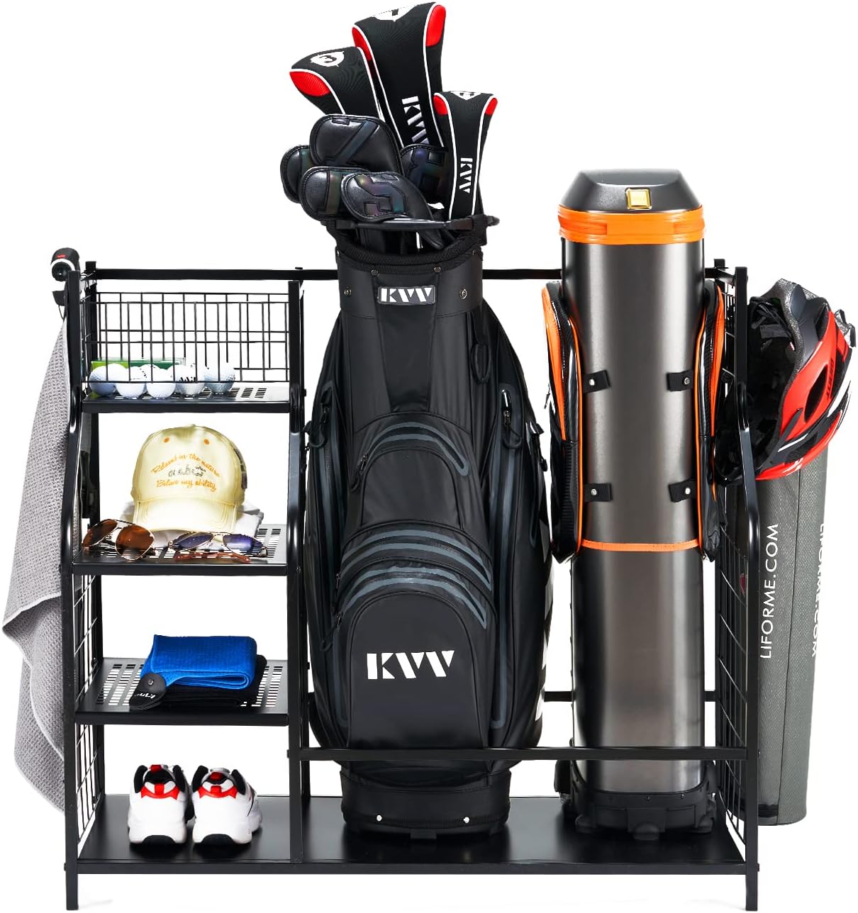 KVV Golf Bag Storage Organizer, Fits 2 Golf Bags and Other Sports Equipment, Golf Accessories, Extra Large Size Rack for Garage Basement(Metal Black)