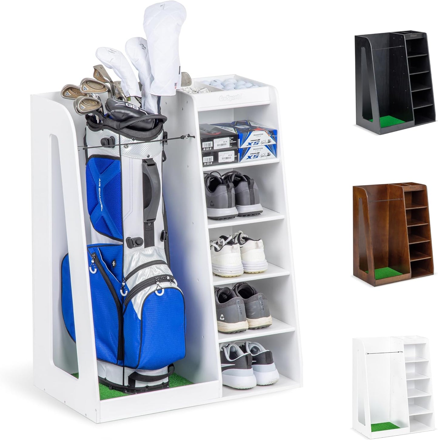 GoSports Premium Wooden Golf Bag Organizer and Storage Rack - Black, White or Brown Finish