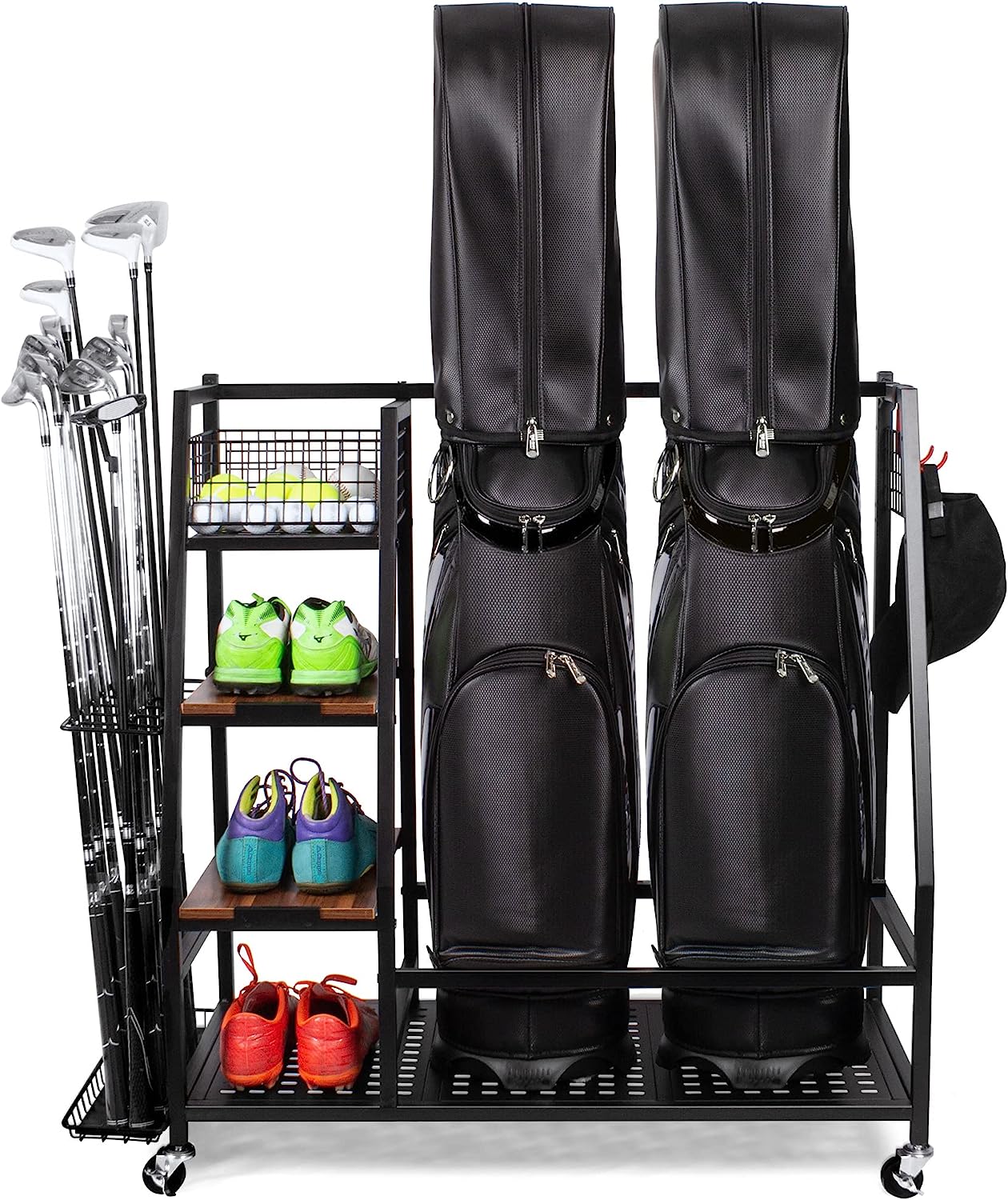 Golf Bags Storage Garage Organizer, Golf Bag Rack Fits 2/3 Golf Bags and Golf Equipment Accessories, Golf Club Storage Stand with Wooden Shelf and Lockable Wheels for Garage Indoor Basement