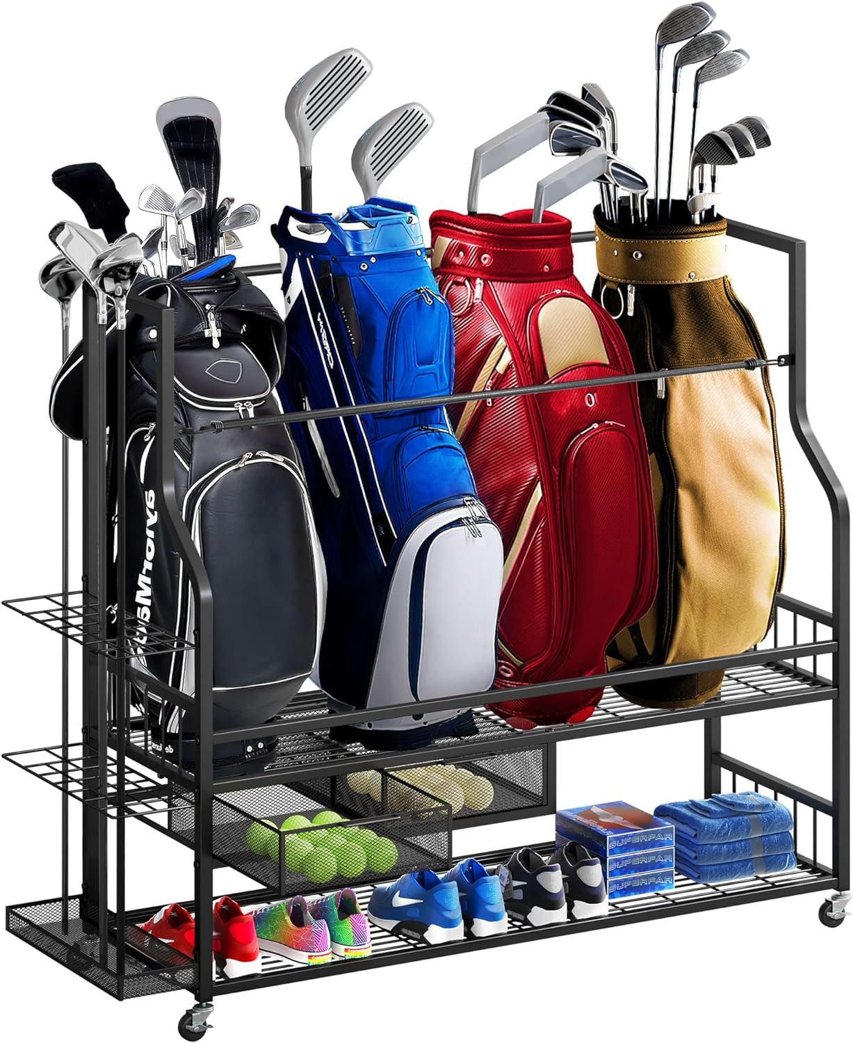 DWVO 4 Golf Bag Organizer for Garage - Golf Bag Stand Holder with Wheels, Golf Bag Storage Rack Fit for 4 Golf Bags, Golf Organizer for Garage Club and Shed, Black