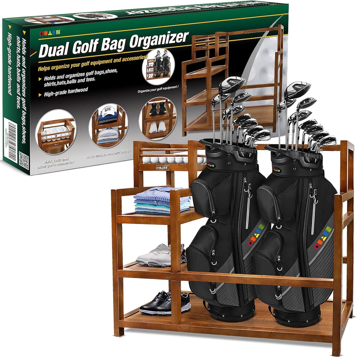 Wooden Golf Storage Garage Organizer - Golf Bag Storage Rack for Garage Golf Bag Stand for 2 Golf Bags Golf Equipment Accessories Ideal for Garages Clubhouses Sheds Basements