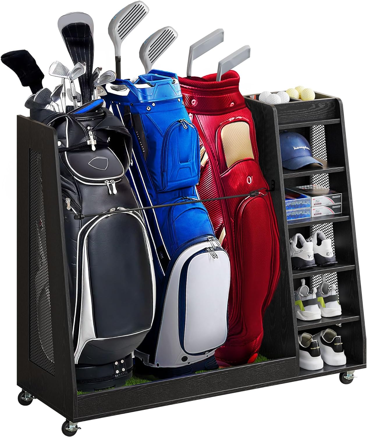 DWVO Golf Bag Organizer for Garage - Wooden Golf Bag Stand Holder with Wheels, Fit for Golf Bags, Golf Clubs, Golf Balls and Golf Equipment Accessories, Golf Organizer for Garage Club and Shed