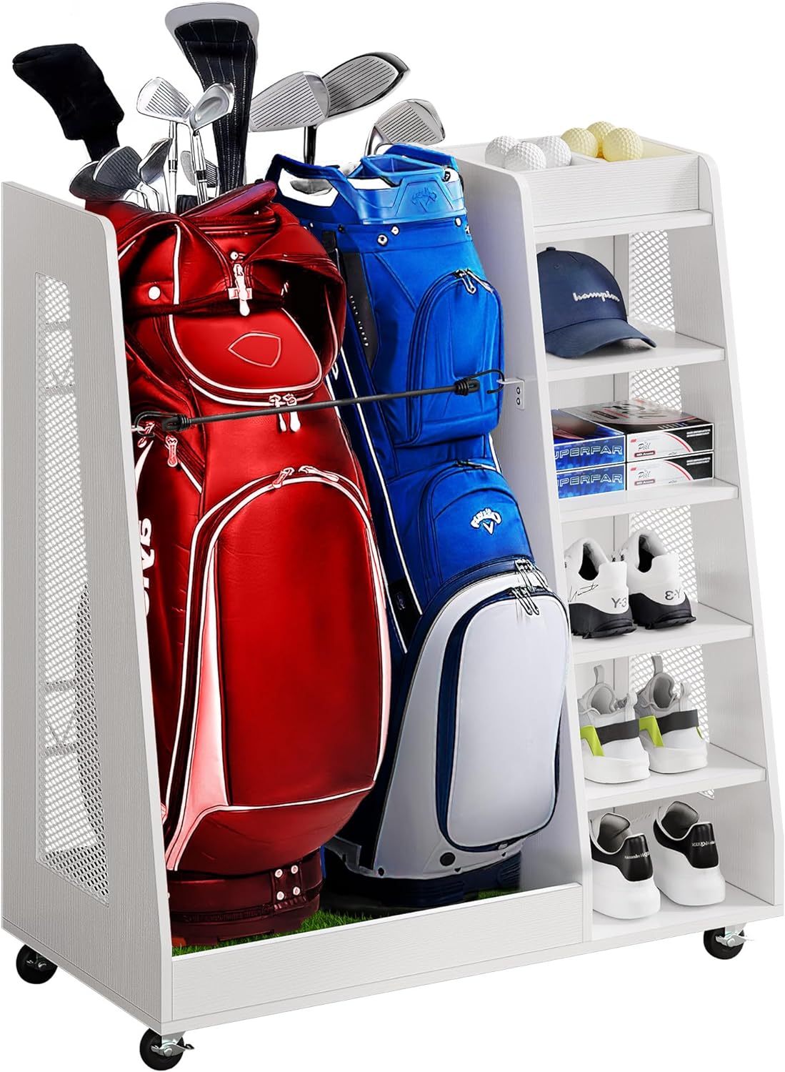 DWVO Golf Bag Organizer for Garage - Wooden Golf Bag Stand Holder with Wheels, Fit for Golf Bags, Golf Clubs, Golf Balls and Golf Equipment Accessories, Golf Organizer for Garage Club and Shed