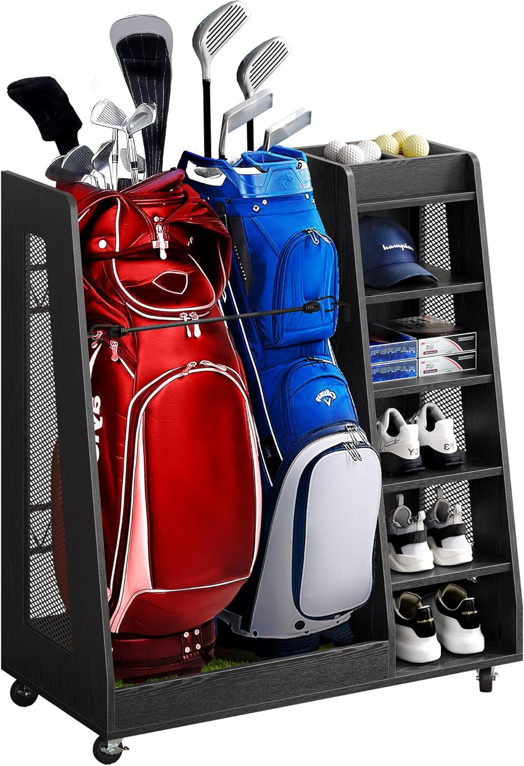 DWVO Golf Bag Organizer for Garage - Wooden Golf Bag Stand Holder with Wheels, Fit for Golf Bags, Golf Clubs, Golf Balls and Golf Equipment Accessories, Golf Organizer for Garage Club and Shed