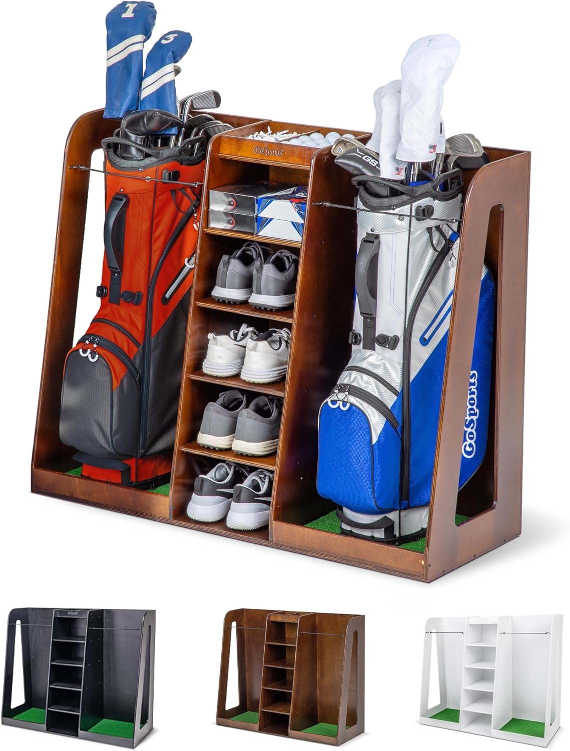GoSports Premium Wooden Golf Bag Organizer and Storage Rack - Holds 2 Golf Bags - Black, White or Brown Finish