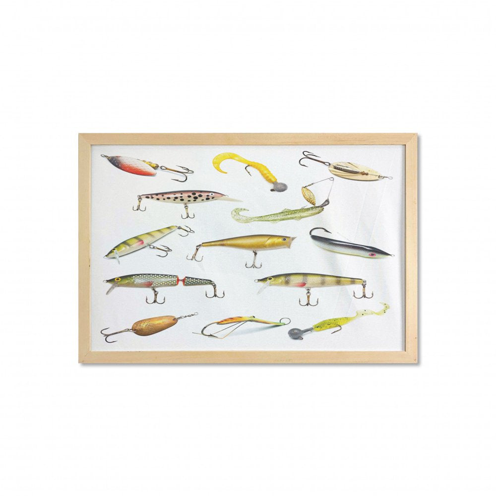 Fishing Wall Art with Frame, Fishing Tackle Bait for Spearing Trapping Catching Aquatic Animals Molluscs Design, Printed Fabric Poster for Bathroom Living Room, 35" X 23", Multicolor, by Ambesonne
