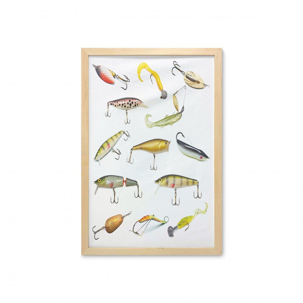 Fishing Wall Art with Frame, Fishing Tackle Bait for Spearing Trapping Catching Aquatic Animals Molluscs Design, Printed Fabric Poster for Bathroom Living Room, 23" X 35", Multicolor, by Ambesonne