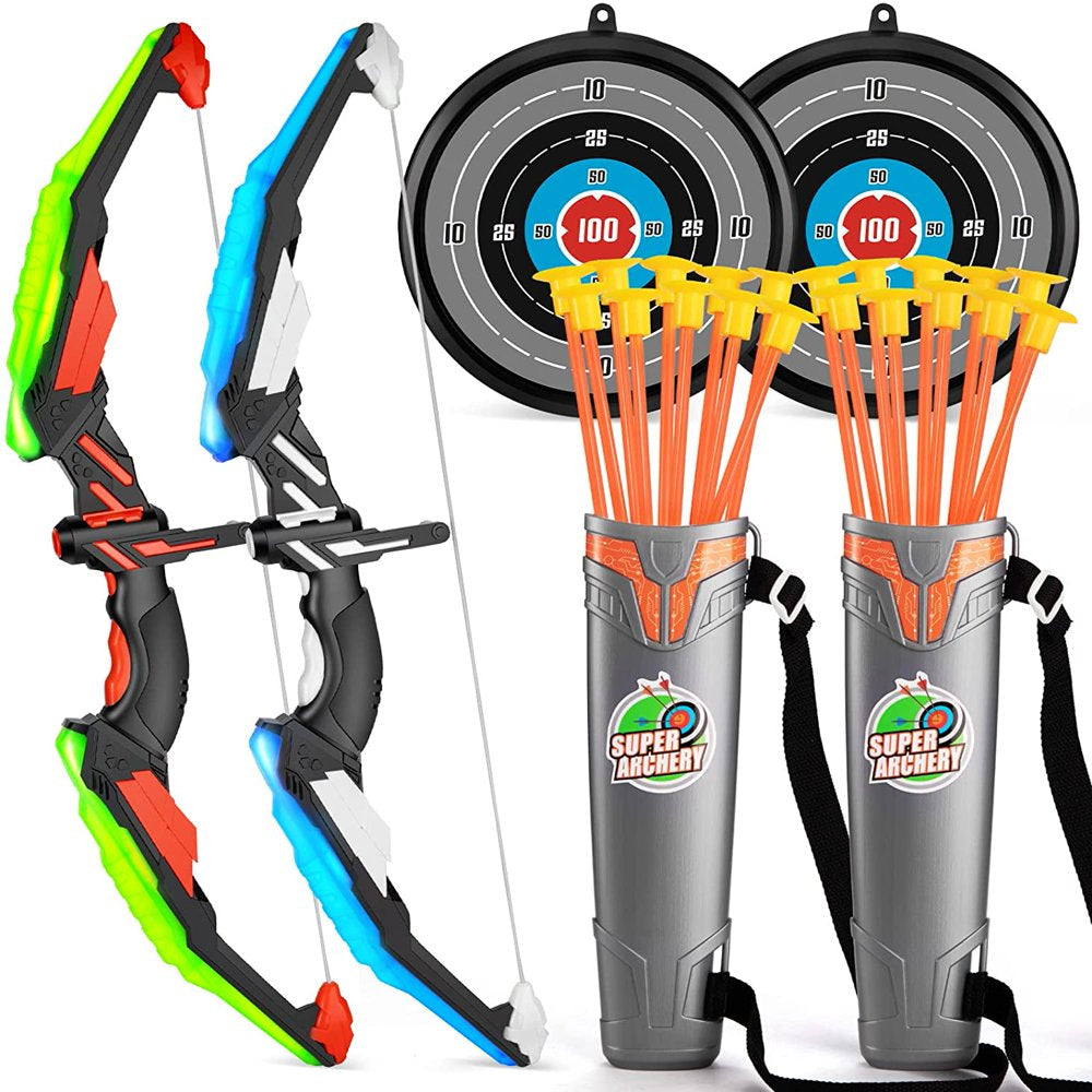 QWZNDZGR Kids Bow and Arrow Set - LED Light up Archery Toy Set with 10 Suction Cup Arrows, Target & Quiver, Indoor and Outdoor Toys for Children Boys Girls