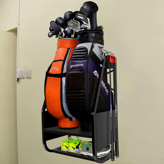 Wall Mount Golf Bag Organizer Extra Large 2 Golf Bags Stand Golfing Equipment and Accessories Storage Rack for Garage Shed Basement