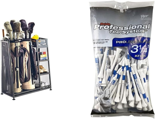 Suncast Metal Golf Equipment Organizer Storage Rack for Golf Bags, Clubs, and Accessories with 3 Shelves, 5 Inch Steel Bin, and Leveling Feet, Black & Pride Professional Tee System 75 Count, White