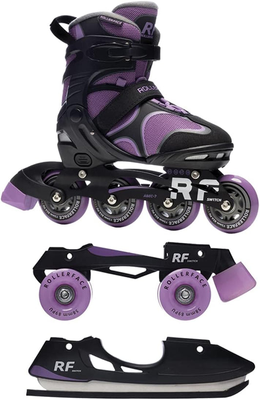 Rollerface Switch 3-in-1, Sport, Outdoor and Recreation Inline Skate, Roller Skate, and Ice Skate. (Adjustable up to 3 Sizes)