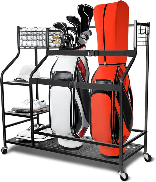 Golf Bags Storage Garage Organizer, Golf Bag Organizer for Golf Bags and Golf Accessories, Golf Bags Stand, Extra Large Size Golf Storage Rack with Wheels, Golf Bags Organizer Rack for Garage