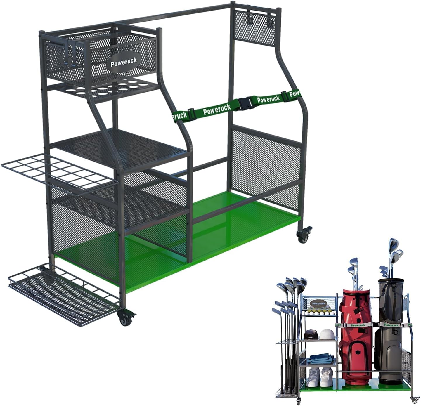 Golf Clubs Bag Organizer for 2 Golf Bags Storage, Golf Equipment Storage Rack with 3 Shelves, 21 Golf Clubs Holder, Mobile Golf Club Rack for Garage