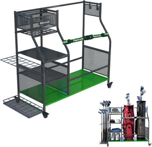 Golf Clubs Bag Organizer for 2 Golf Bags Storage, Golf Equipment Storage Rack with 3 Shelves, 21 Golf Clubs Holder, Mobile Golf Club Rack for Garage