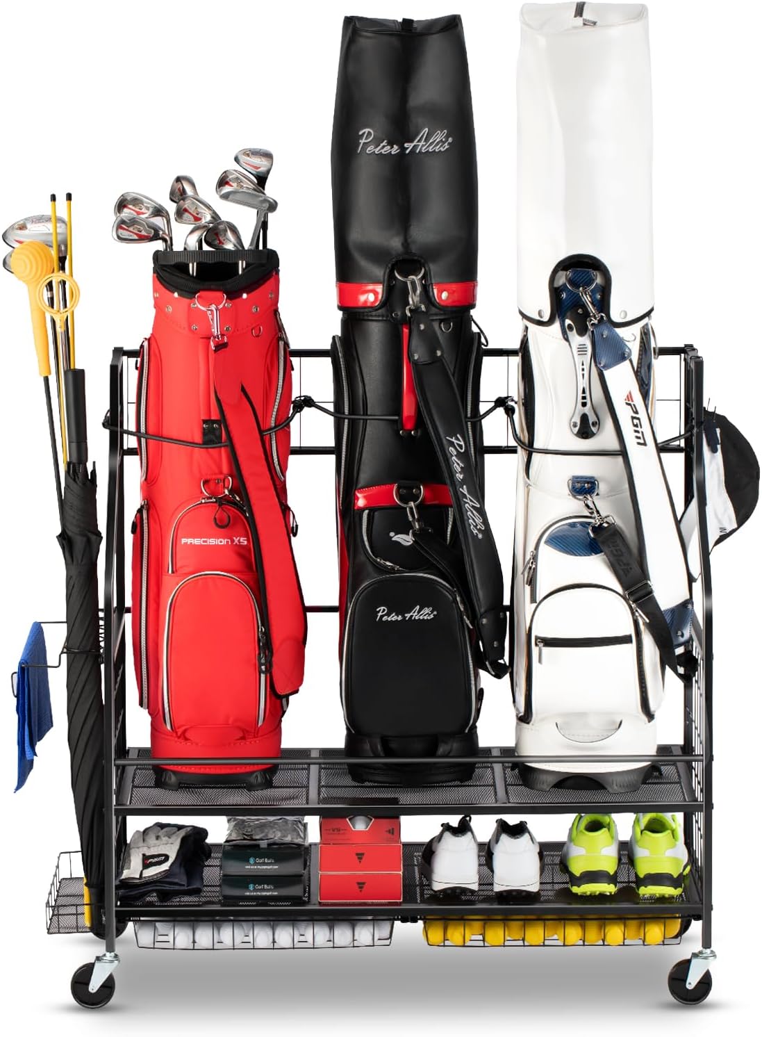 3 Golf Bag Storage Garage Organizer, Golf Bag Stand Fit for 3 Golf Bags, Golf Clubs, Golf Balls, Golf Equipment Accessories, Golf Bag Storage Rack with Wheels for Garage, Club, Shed, Basement