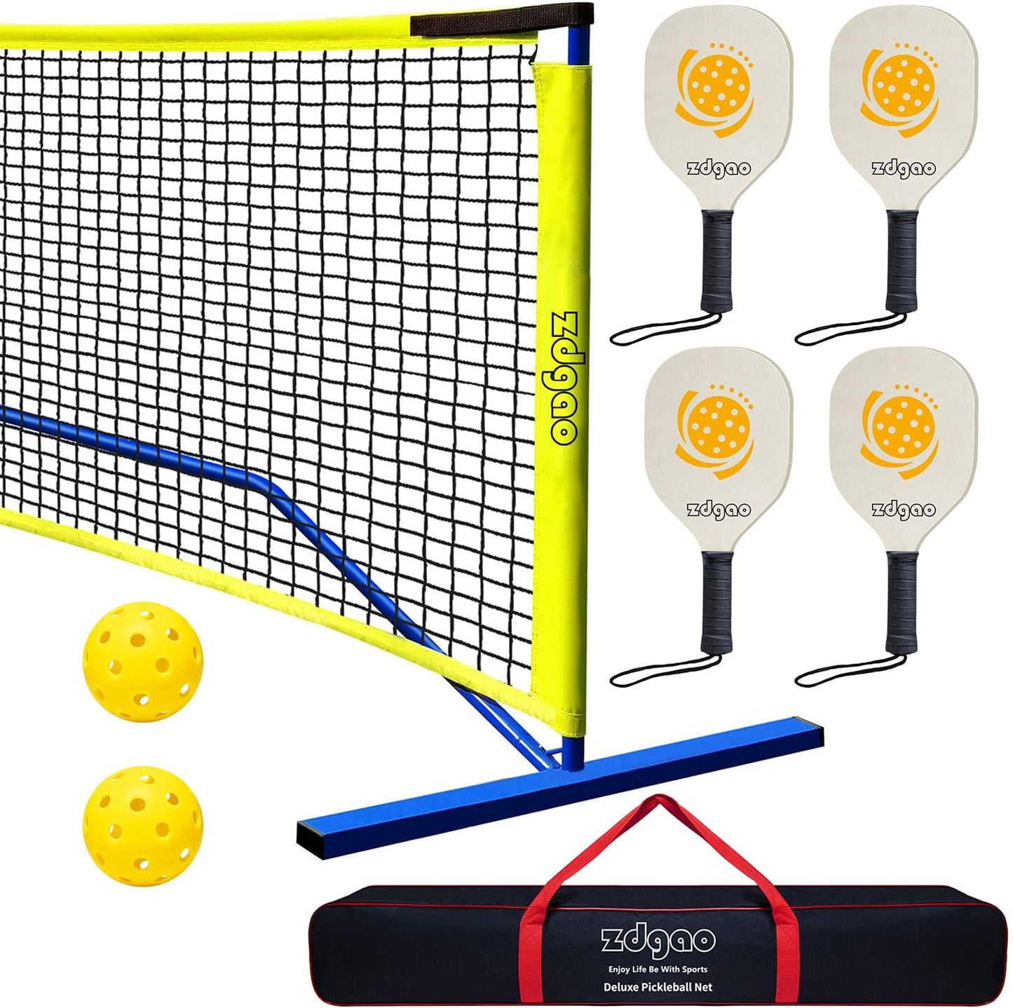 Zdgao Pickleball Set with Net and Paddles for Driveway Backyard, 22 FT Regulation Size Pickleball Net, 4 Pickleball Paddles, Outdoor Pickleballs and Potable Carry Bag