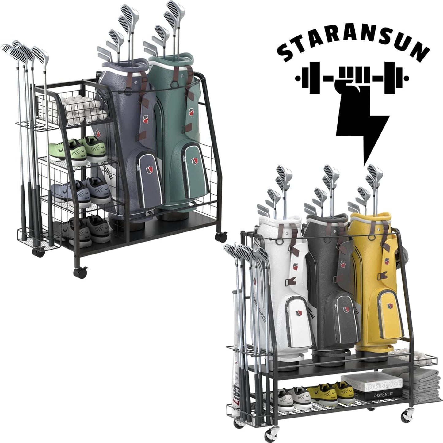 Golf Bag Storage Rack for Garage - Double Golf Bag Organizer with Lockable Wheels - Golf Organizer for Golf Accessories - Ideal Golf Gifts for Men - Easy to Assemble