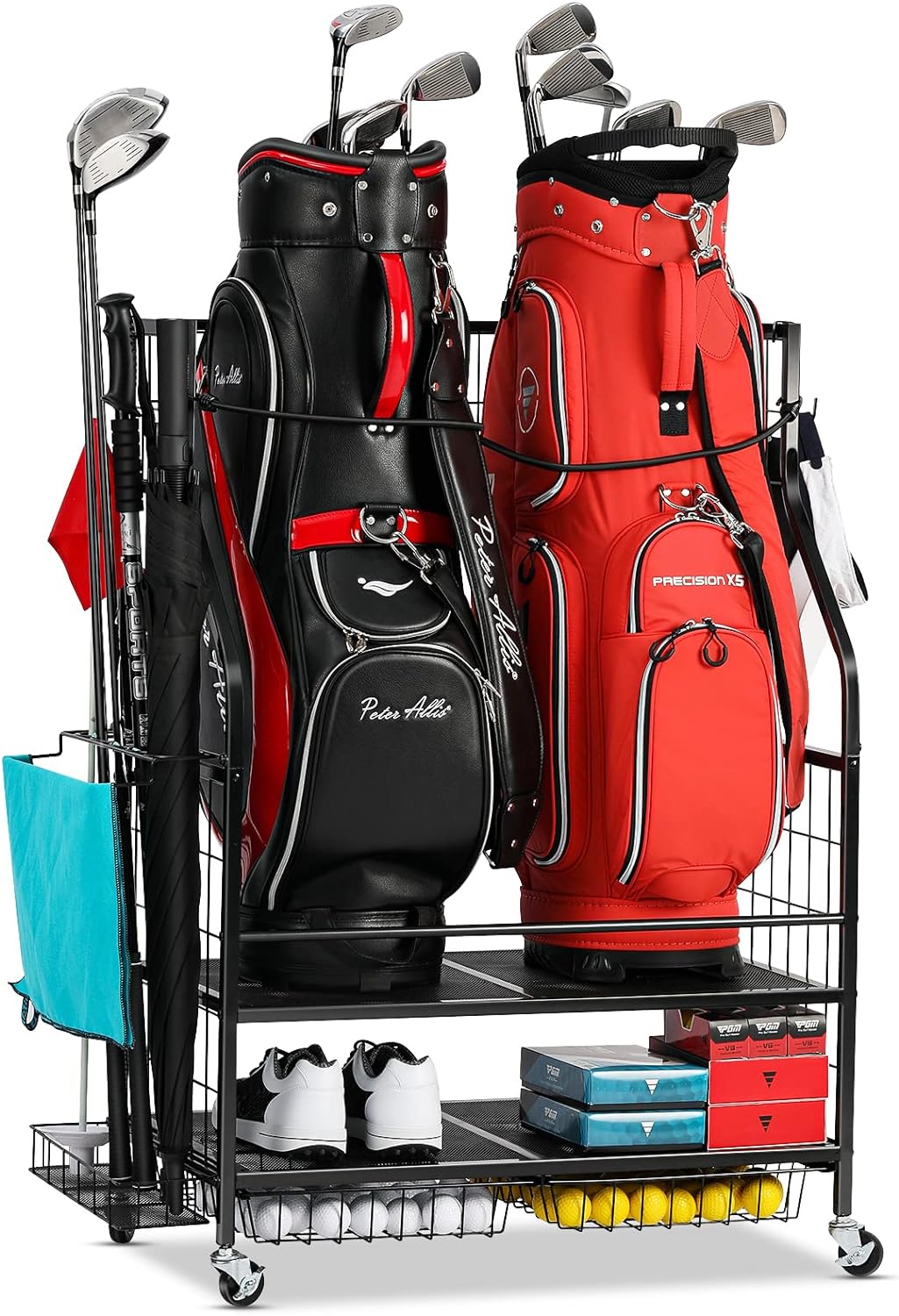 Golf Bag Storage Garage Organizer- Golf Bag Stand Fit for 2 Golf Bags and Golf Clubs, Golf Balls, Golf Equipment Accessories, Extra Large Golf Bag Storage Rack for Garage, Club, Shed, Basement