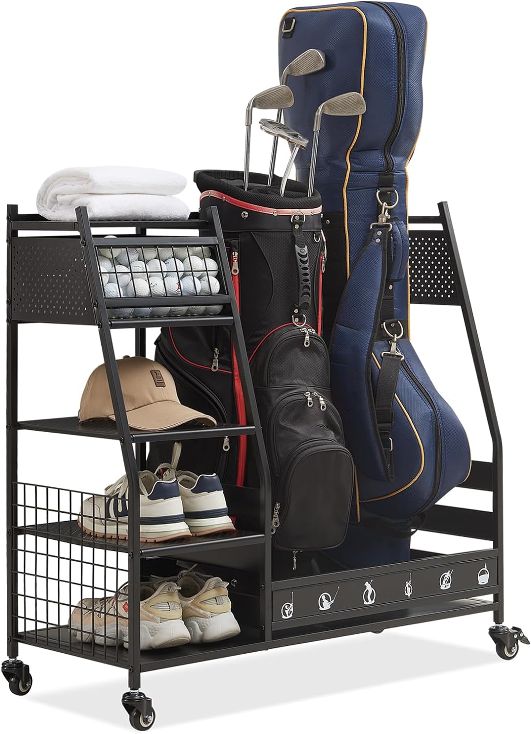 Lauren&Harold Golf Bag Organizer Garage Storage, Golf Storage Rack Stand with Lockable Wheels Fits 2 Golf Bags and Other Golfing Equipment Accessories, Golf Organizer for Garage, Club, Shed, Basement
