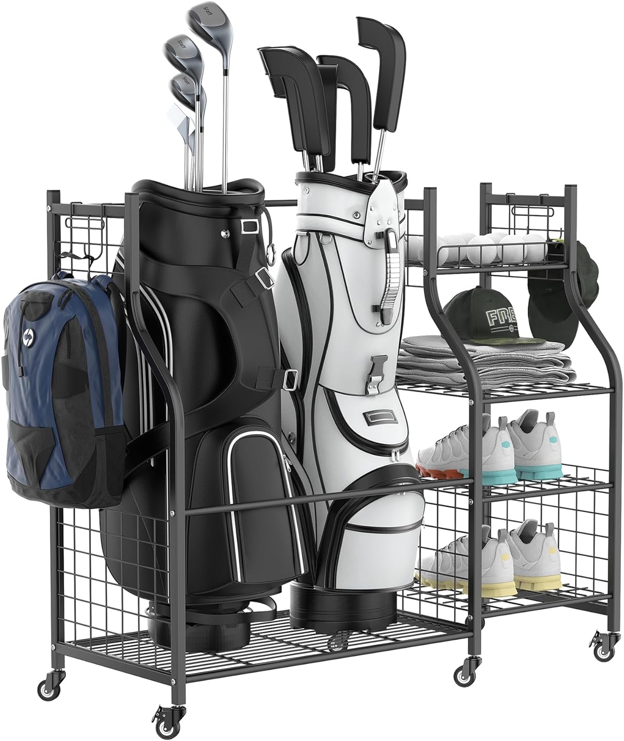 Garage Golf Storage Organizer, Extra Large Golf Bags Stand with Golf Accessories Storage Shelves Rolling Golfing Equipment Organizer
