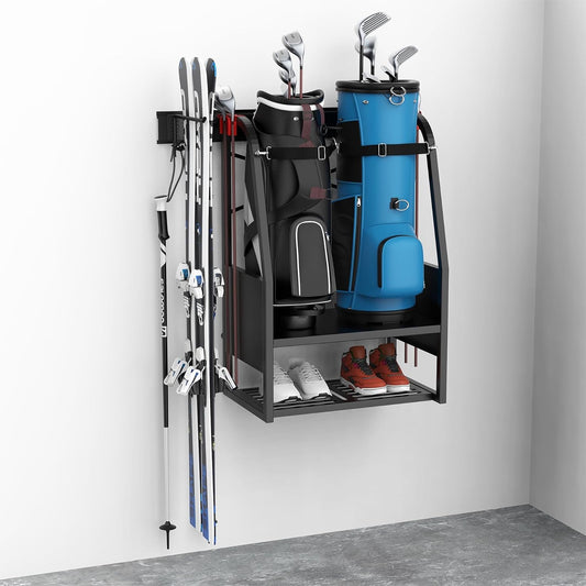 Wall Mount Golf Bag Organizer, 2 Golf Bags Stand Golfing Equipment and Accessories Storage Rack for Garage Shed Basement