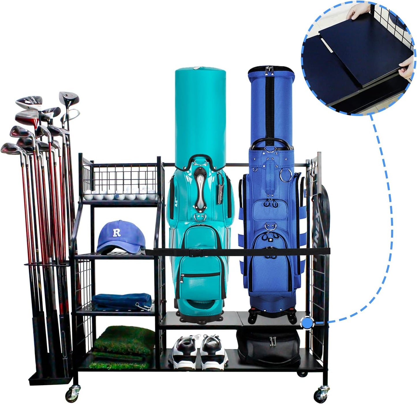 Golf Bag&Club Storage Rack for Garage|Garage Organize Fit for 2XL Golf Bag,21Golf Clubs and Other Golf Accessories|Golf Club Holder Organizer with Lockable Wheels and Adjustable Plates