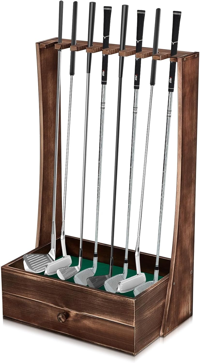 29 x 11 x 16'' Golf Club Holder Stand with Balls Storage Bin 8 Clubs Wooden Golf Putter Stand Floor Display Rack Grass Mat Putter Holder Golf Club Organizer for Indoor Simulator Home Office