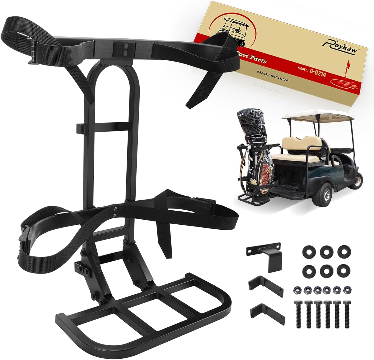Roykaw Upgraded Golf Cart Rear Seat Bag Holder Universal Compatible with EZGO/Club Car/Yamaha, Golf Cart Rear Seat Bag Rack, Better Fixation/Space-Saving/No Drilling Required/Rust-Proof