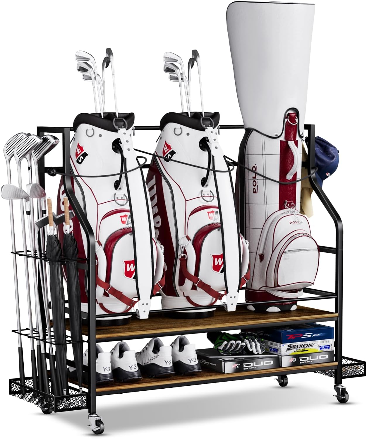 Golf Bags Storage Organizer - Wooden Golf Bag Stand and Equipment Garage Rack Golf Furniture with Basket Storage Golf Balls, Golf Tee & Extra Golf Clubs Display Rack