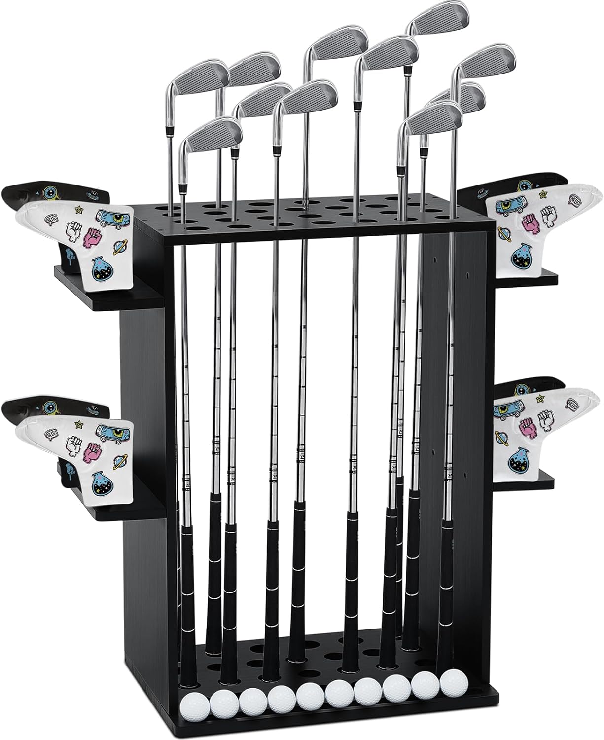 Wooden Golf Club Holder Wooden Golf Putter Stand Golf Club Rack Golf Club Organizer for 27 Poles 10 Golf Balls 8 Putter Cover Floor Display Storage Home Garage Simulator Indoor Accessories