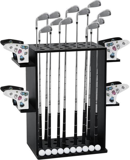 Wooden Golf Club Holder Wooden Golf Putter Stand Golf Club Rack Golf Club Organizer for 27 Poles 10 Golf Balls 8 Putter Cover Floor Display Storage Home Garage Simulator Indoor Accessories
