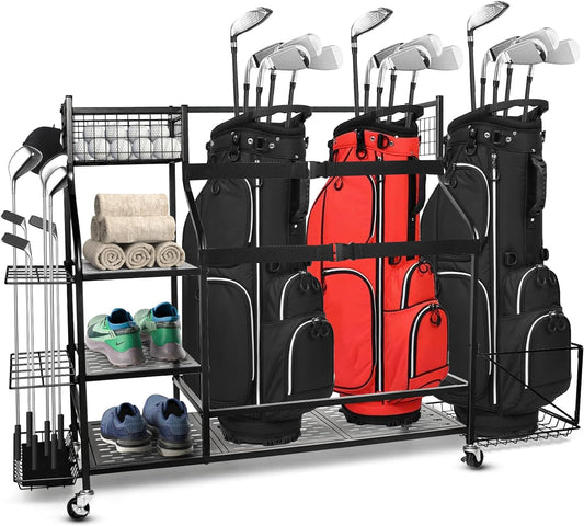 Golf Bags Storage Garage Organizer, Golf Bag Organizer for Golf Bags and Golf Accessories, Golf Bags Stand, Extra Large Size Golf Storage Rack with Wheels, Golf Bags Organizer Rack for Garage