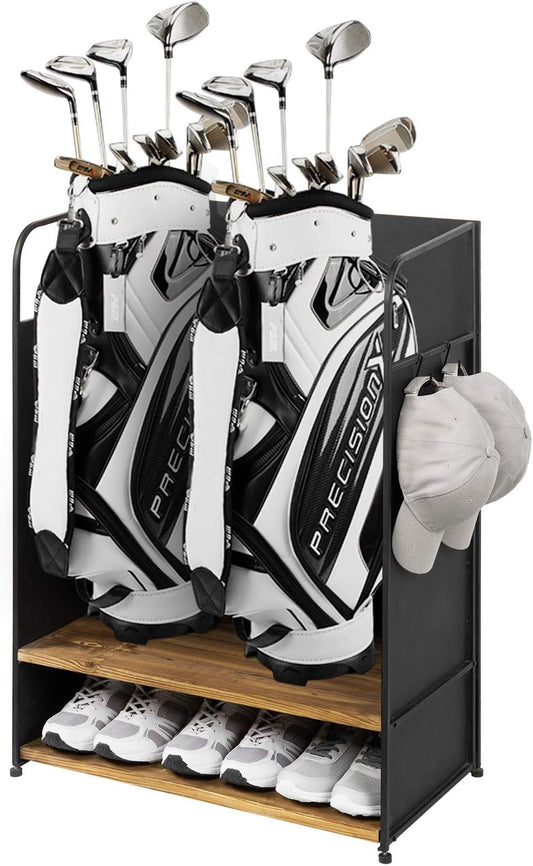 MyGift Deluxe Matte Black Metal Golf Bag Organizer with 2 Tier Burnt Wood Shelf for 2 Golf Bags, Shoes, Equipment and Hooks for Hat and Towels