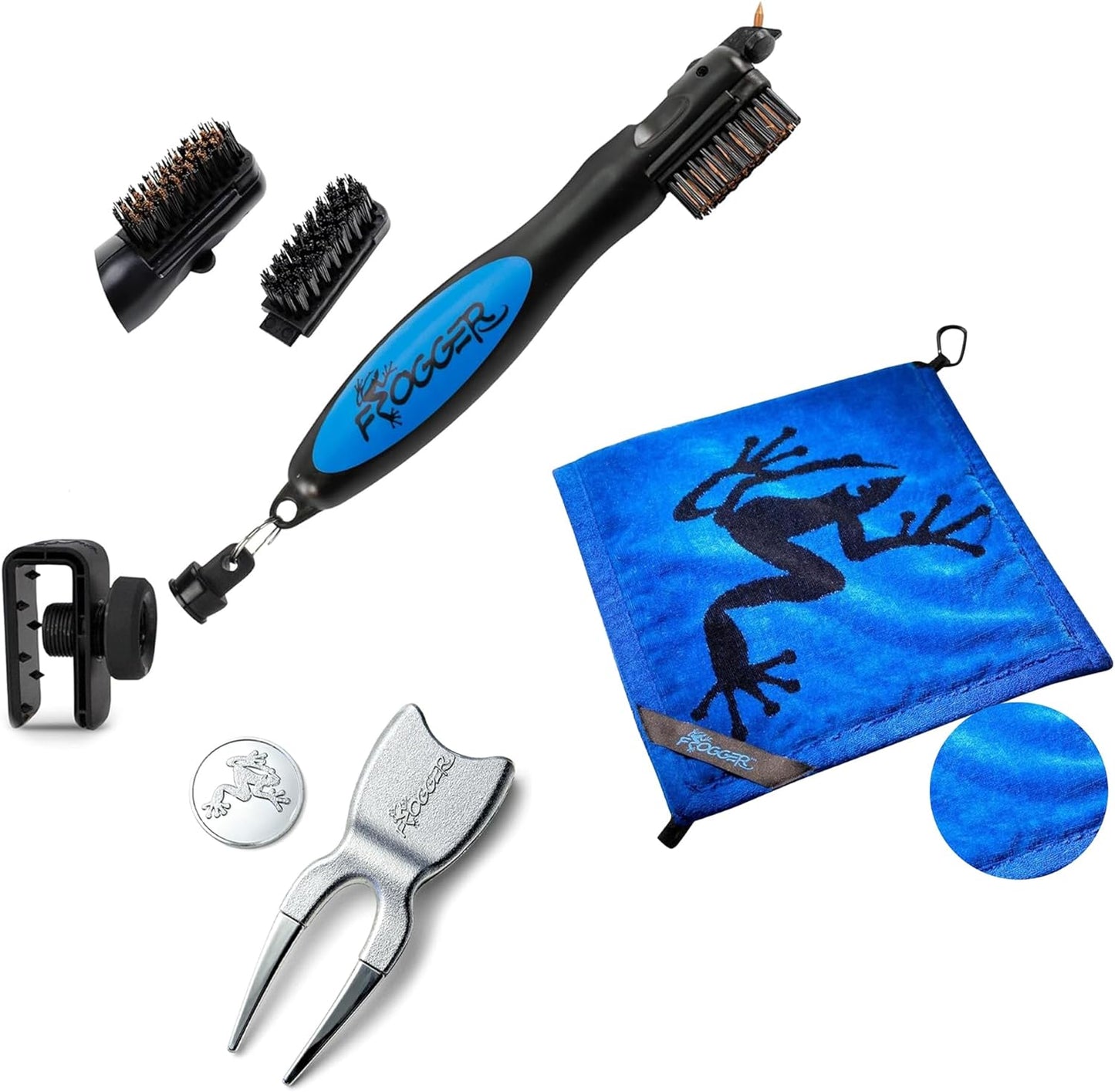 Frogger BrushPro Latch-It, Amphibian Towel, and HOP! Divot Tool Bundle - Golf Brush and Groove Cleaner, Wet/Dry Golf Towel, and Magnetic Ball Marker - Golf Course Essentials, Blue