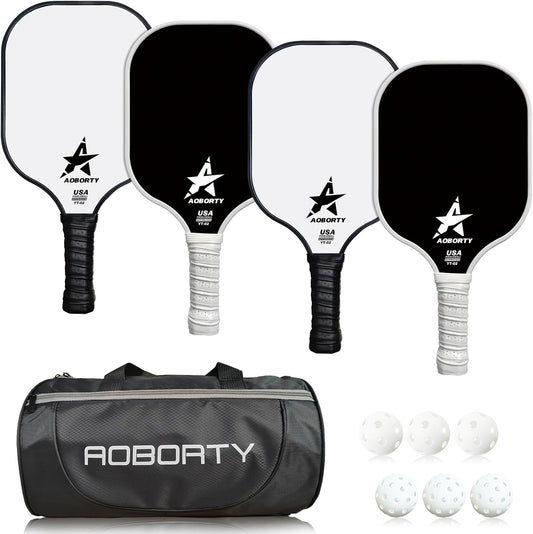 Pickleball Paddles 4 Pack - USAPA Light Graphite Premium Rackets Fiber Face & Polymer Honeycomb Core Pickleball Set with 6 Outdoor Indoor Balls Including Portable Carry Bag