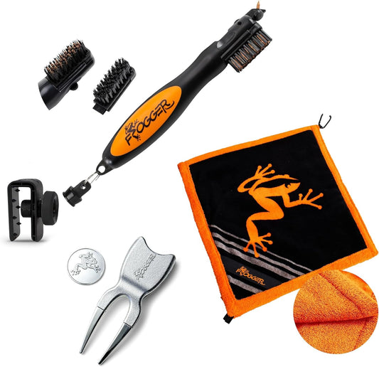 Frogger BrushPro Latch-It, Amphibian Towel, and HOP! Divot Tool Bundle - Golf Brush and Groove Cleaner, Wet/Dry Golf Towel, and Magnetic Ball Marker - Golf Course Essentials, Orange
