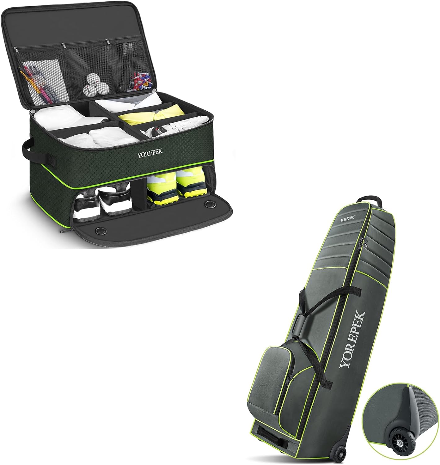 YOREPEK 2 Layer Golf Trunk Organizer Storage for 2 Pair Shoes,Green, Golf Travel Bag for Airlines with Wheel, Padded Around Top Golf Bag Travel Case for Clubs Protection