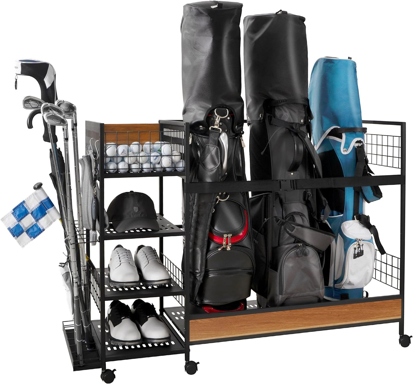 Golf Bag Organizer,Golf Storage for Garage,Golf Club Rack Hold 3 Bags,Golf Equipment Accessories Stand with 6 Wheels, Black