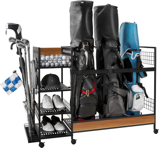 Golf Bag Organizer,Golf Storage for Garage,Golf Club Rack Hold 3 Bags,Golf Equipment Accessories Stand with 6 Wheels, Black