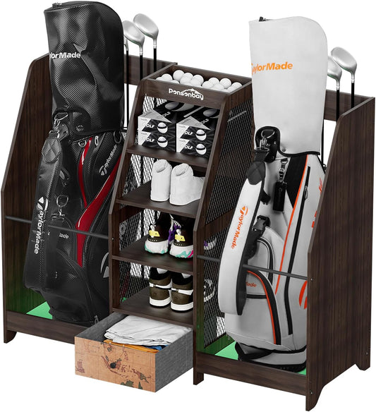 Wooden Golf Bag Organizer for Garage Easy Assembled Golf Bag Storage Rack Extra Golf Storage Rack Holds 2 Golf Bags, 12 Golf Club Stands Suitable for Basement, Simulator Room Etc