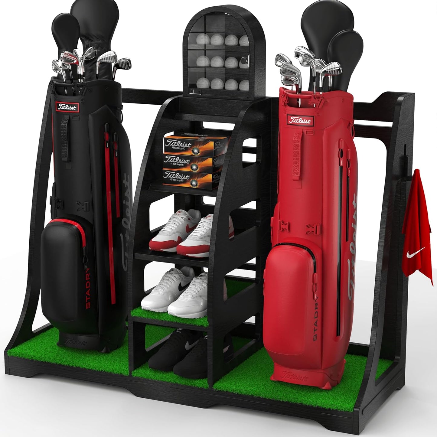 Golf Bag Organizer - Handcrafted Wood Design, Golf Bag Stand, Ball Display, Golf Storage Shelves, Golf Garage Rack