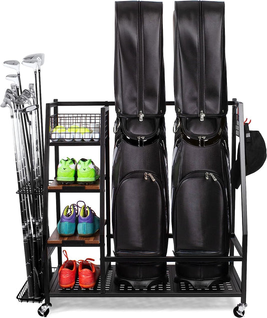 Golf Bags Storage Garage Organizer, Golf Bag Rack Fits 2/3 Golf Bags and Golf Equipment Accessories, Golf Club Storage Stand with Wooden Shelf and Lockable Wheels for Garage Indoor Basement
