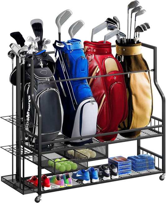 DWVO 4 Golf Bag Organizer for Garage - Golf Bag Stand Holder with Wheels, Golf Bag Storage Rack Fit for 4 Golf Bags, Golf Organizer for Garage Club and Shed, Black